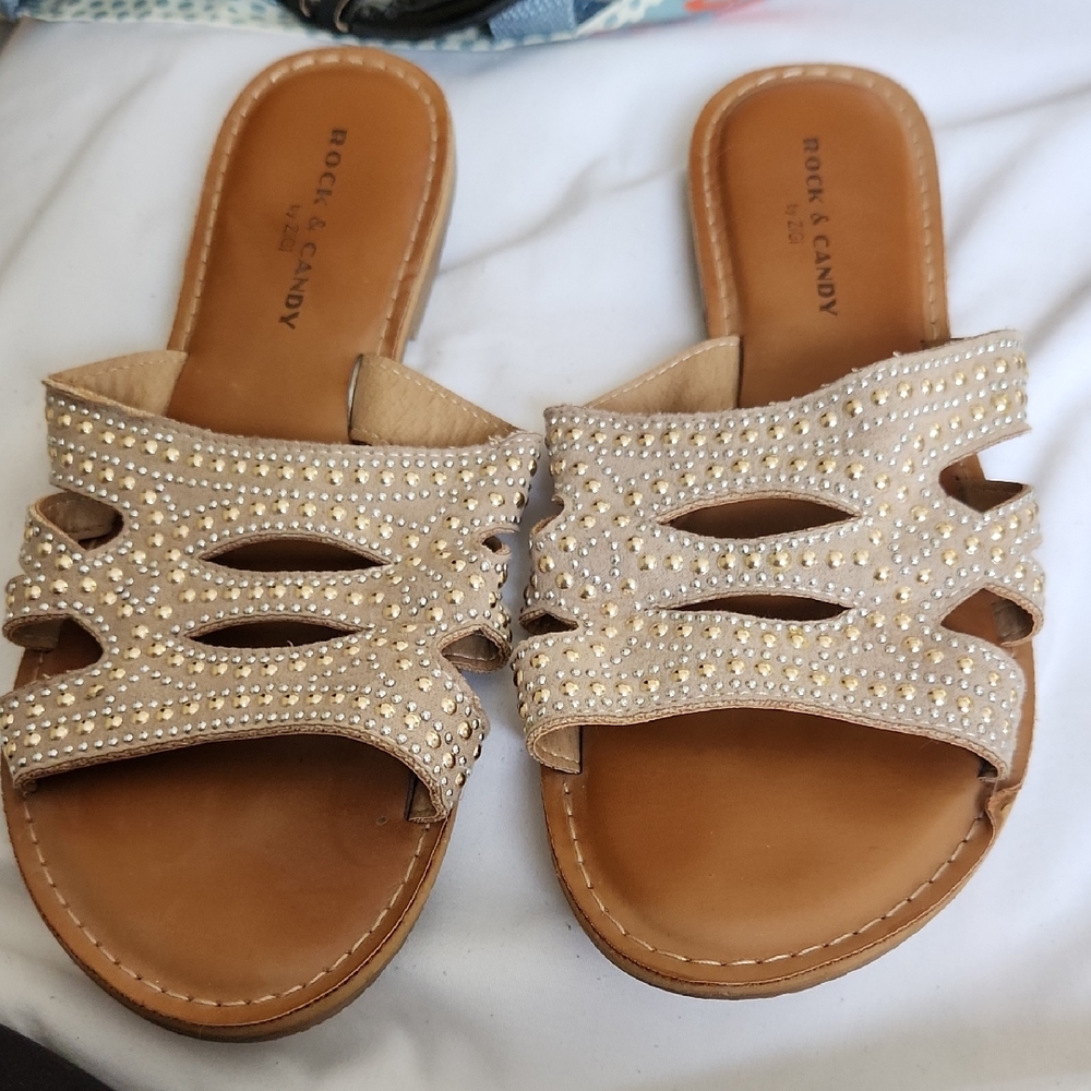 Rock & Candy Beige Studded Slide Sandals